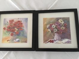 2 Blumen Bilder gerahmt 25 x 25 cm Aquarelle