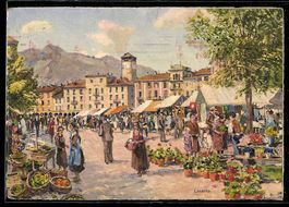 Künstler-AK Locarno, Marktszene mit Ständen, Blumen und Mens