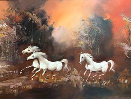 123.5cmbreitx63cm/ Corti/Ölgemälde Pferde im Sonnenuntergang