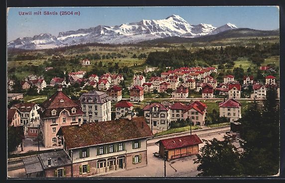 Cartoline postali: Uzwil, Ortsansicht mit Bahnhof und Sänt – Usato da Berlin venduto da bartko-reher