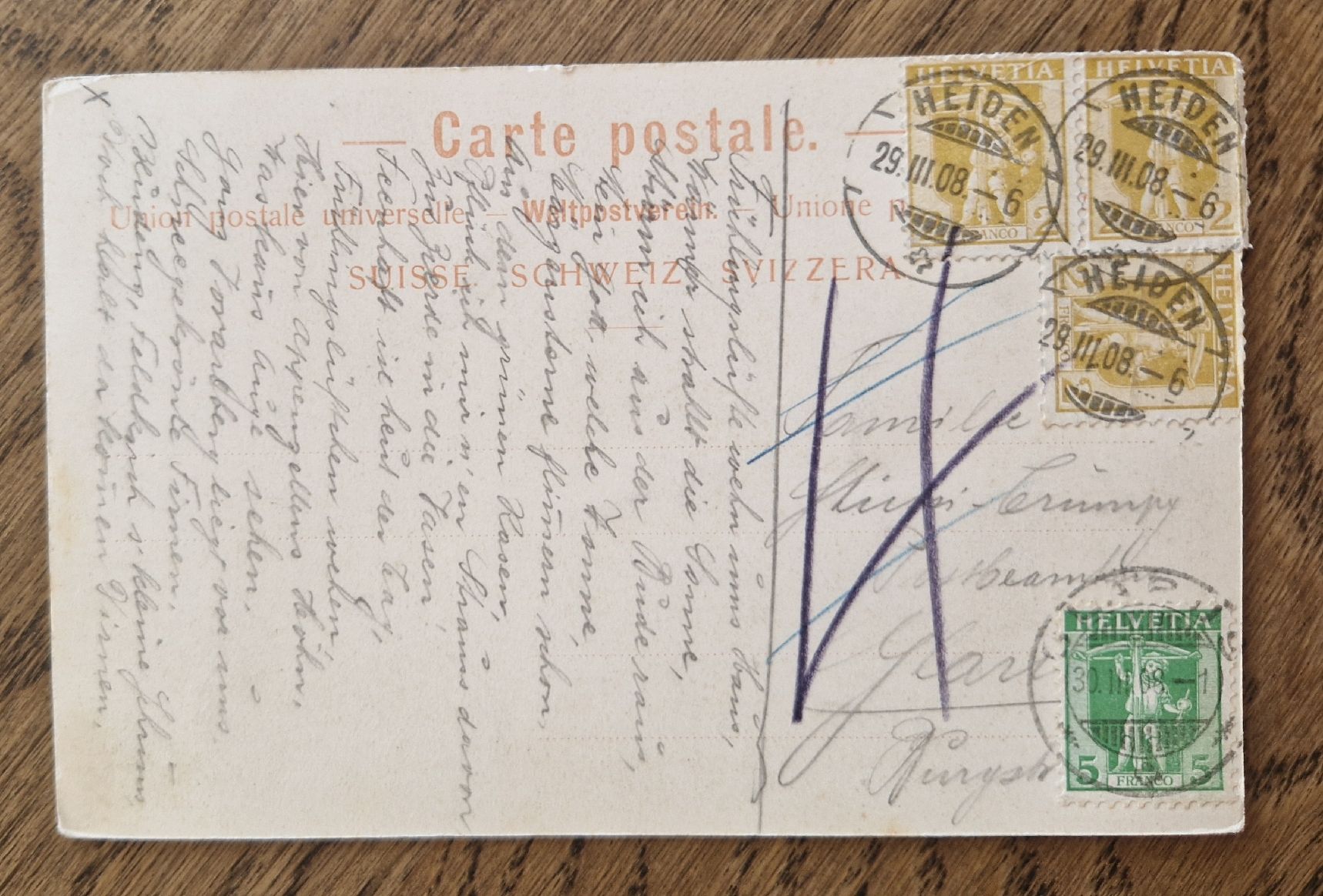 Cartoline postali: Heiden 1908, n. Glarus zu M. Trümpi, Ringstrasse – Usato da Ebikon venduto da Donar50 1