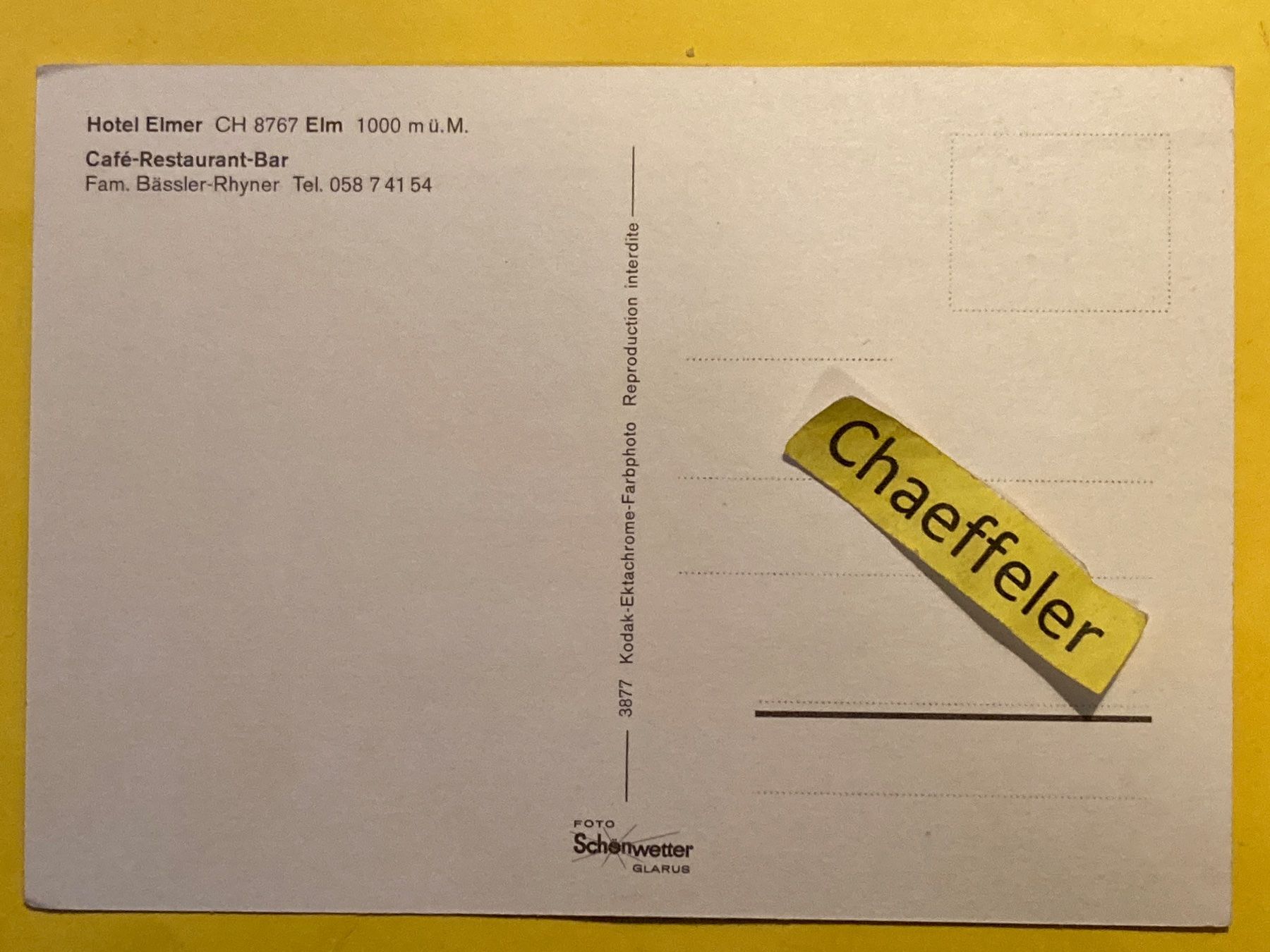Cartoline postali: Hotel Elmer, 8767 Elm .  Café-Restaurant-Bar – Usato da Zürich venduto da Chaeffeler 1
