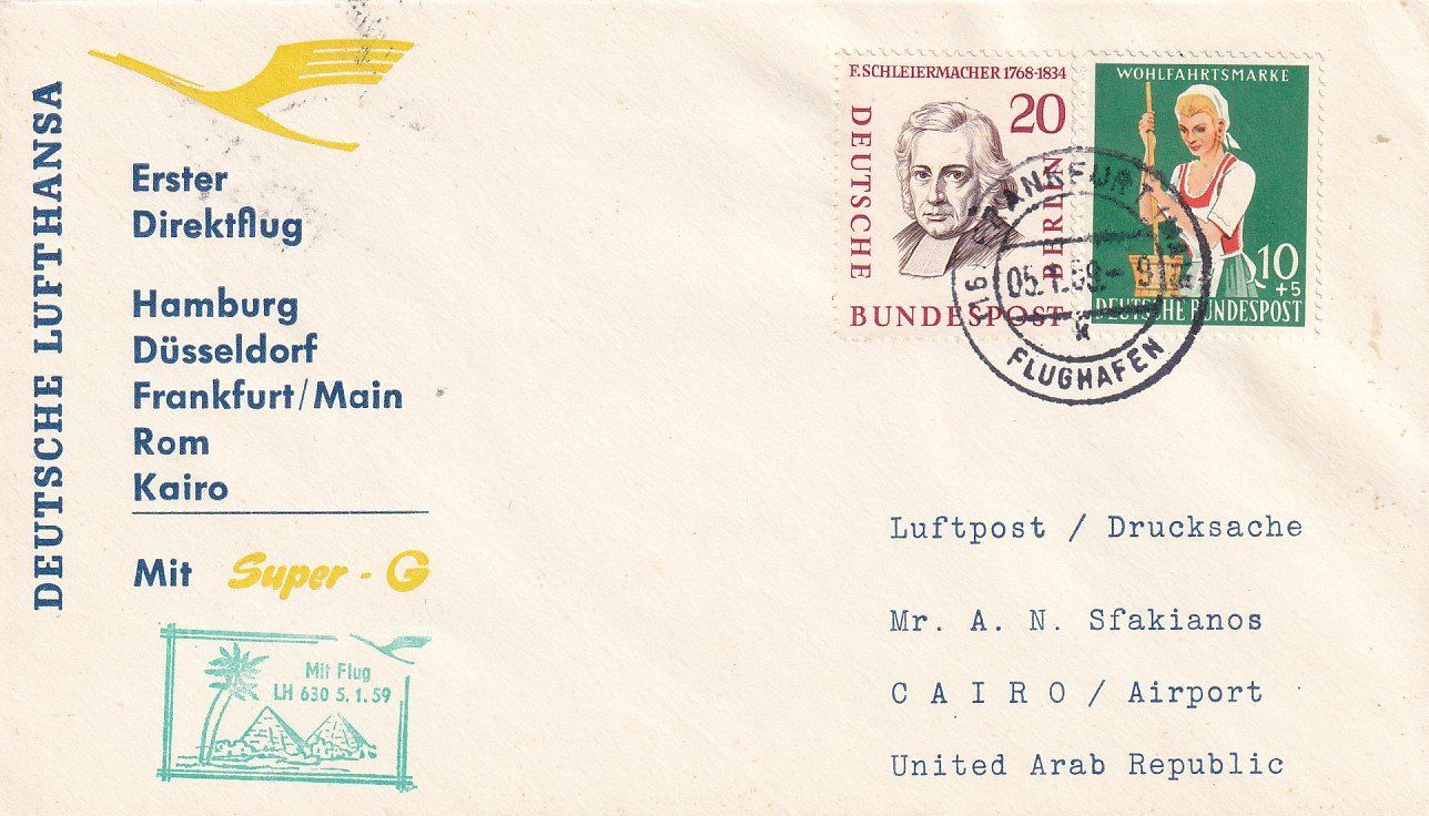 Tutti i francobolli: Erstflug Lufthansa Frankfurt - Kairo 1959 – Usato da Baar venduto da Asmara111