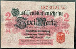 2 Mark Darlehenskassenschein, 1914, Deutsches Reich, Top!