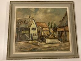 Landschaftsgemälde eines Hofes mit Gebäuden, Bäumen, Kutsche