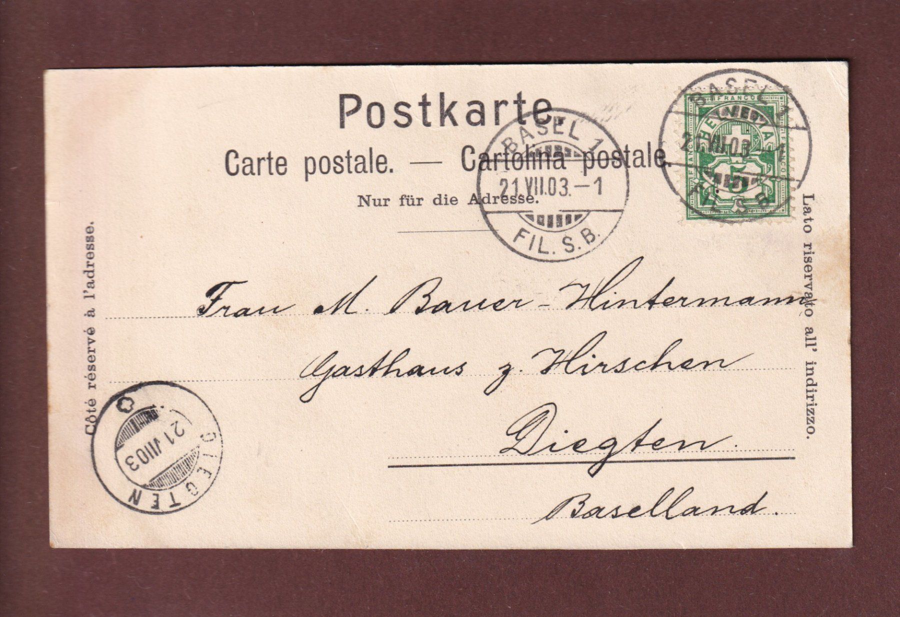 Cartoline postali: BASEL - Alte Rheinbrücke - 1903 – Usato da Pully venduto da nicecards 1
