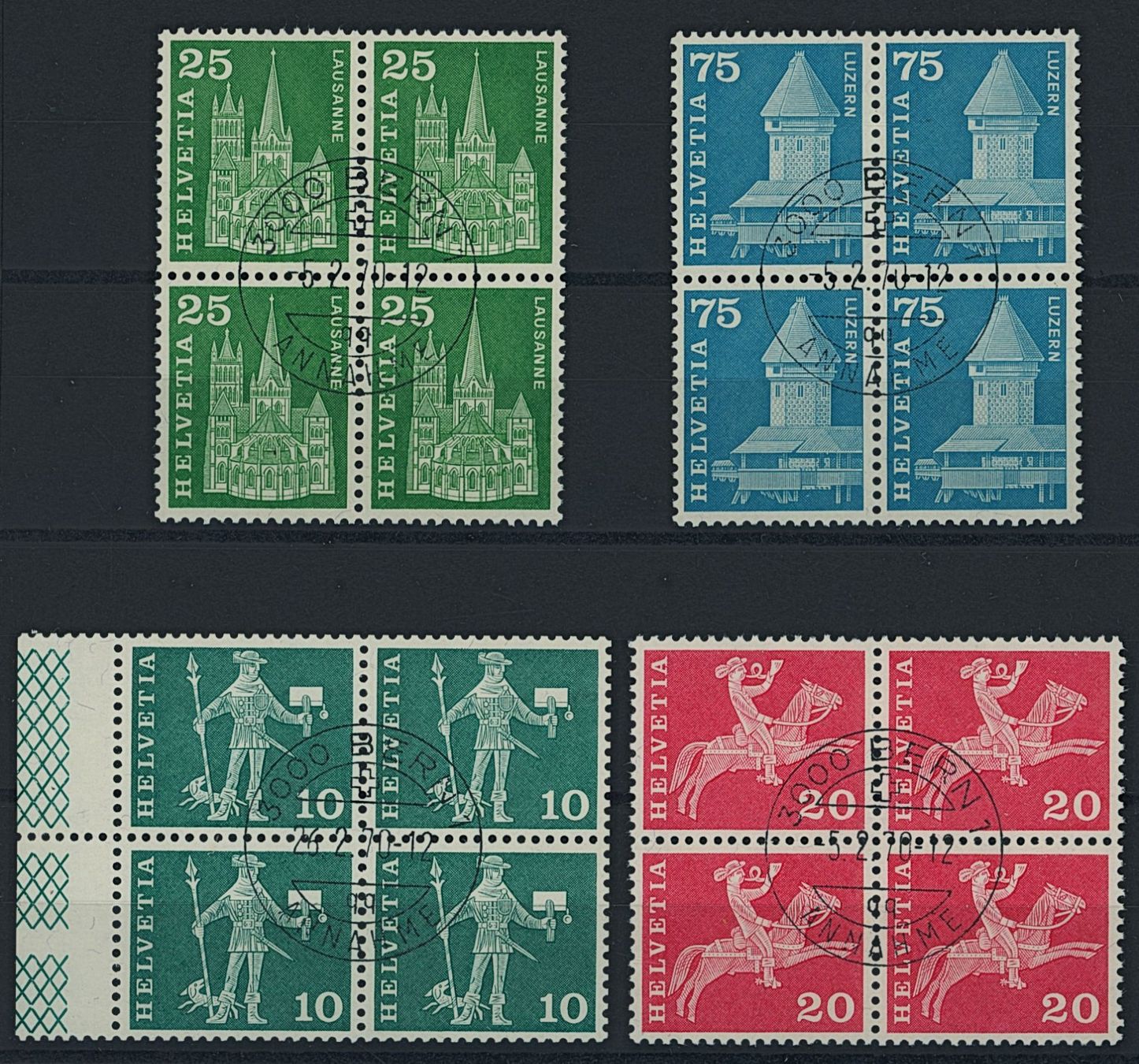 Alle Briefmarken: 1963/68  Postgeschichte + Baudenkmäler - Abart - Viererblock – Gebraucht aus Schindellegi von leecollect