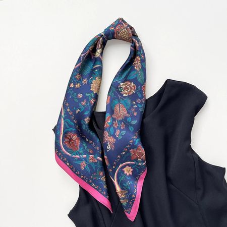 New 68cm Real Silk Scarf Floral Vintage Vibe Blue Bandana