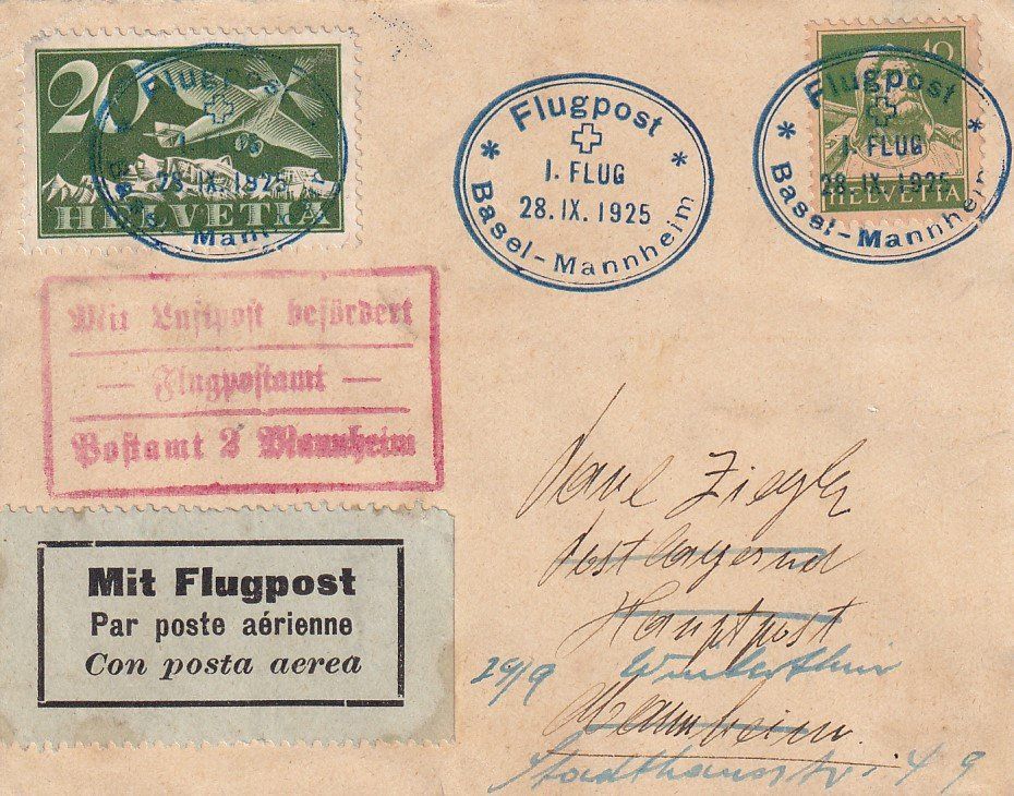 Tutti i francobolli: Erstlug Basler Luftverkehr AG Basel - Mannheim 1925 – Usato da Baar venduto da Asmara111
