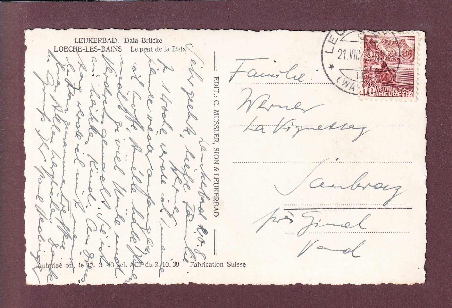 Cartoline postali: LEUKERBAD - Dala-Brücke - 1944 – Usato da Pully venduto da nicecards 1