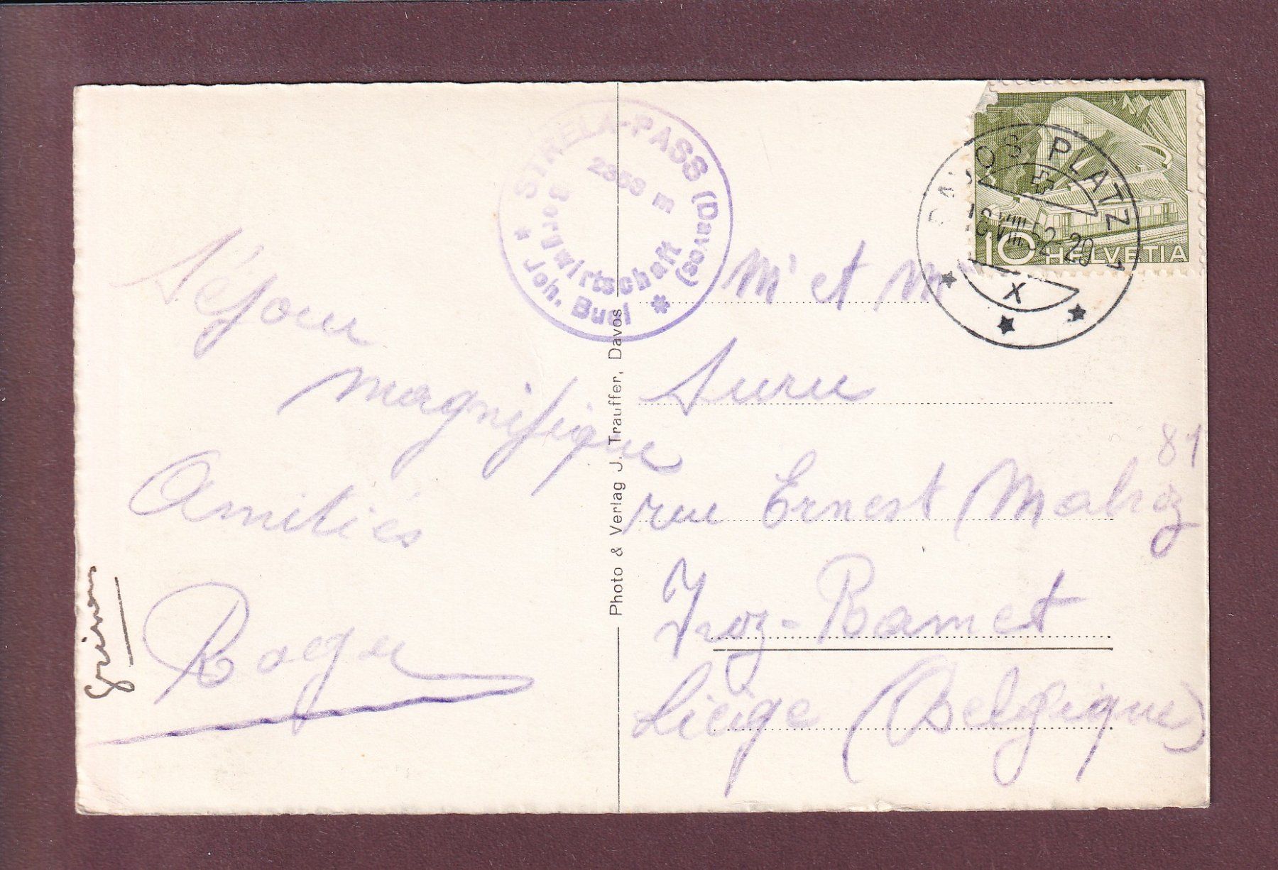 Cartoline postali: Felsenweg STRELAPASS PARSENN - 1952 – Usato da Pully venduto da nicecards 1