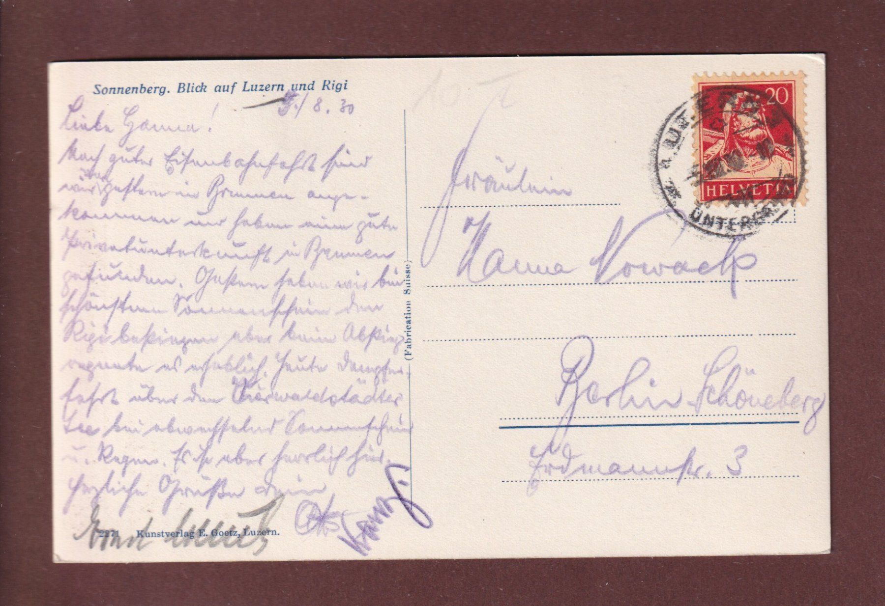 Cartoline postali: SONNENBERG - Blick auf Luzern - 1930 – Usato da Pully venduto da nicecards 1