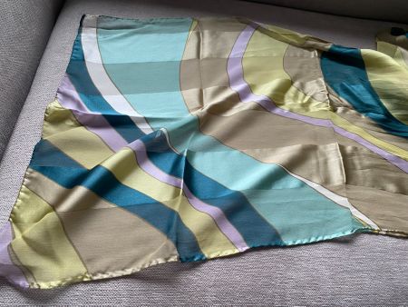 Seiden Foulard Schal, beige-oliv-lia-blau 44x172cm