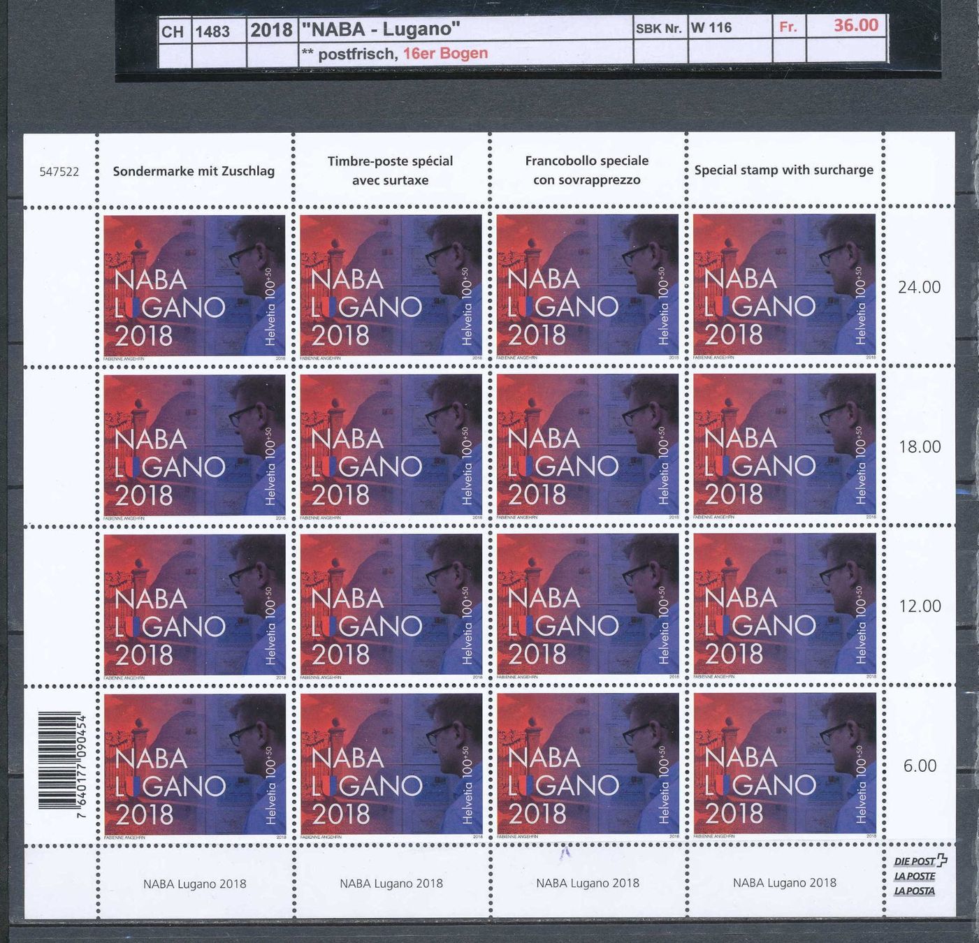 Tutti i francobolli: 2018 "NABA Lugano" - Bogen, ** postfrisch – Nuovo (secondo la descrizione) da Winterthur venduto da Zupogeru
