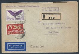 Flugpost Schweiz 1930 BS-Cherbourg S.S.Majestic NY Luftpost