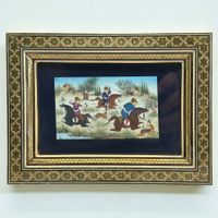 Miniature persane peinte sur os avec cadre mosaïque Khatam