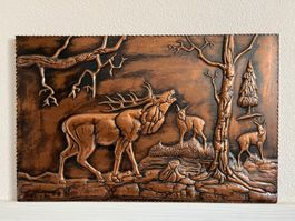 Vintage Kupferbild Hirsch Familie Wanddeko