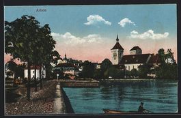 Arbon, Ortspanorama mit Kaimauer ud Kirc