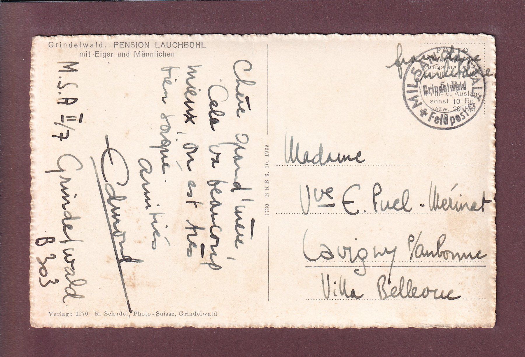 Cartoline postali: GRINDELWALD - Pension Lauchbühl - Feldpost – Usato da Pully venduto da nicecards 1