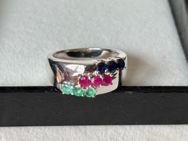 Ring Trilogie Rubin, Smaragd, Saphir, S925, Gr. 57, NEU