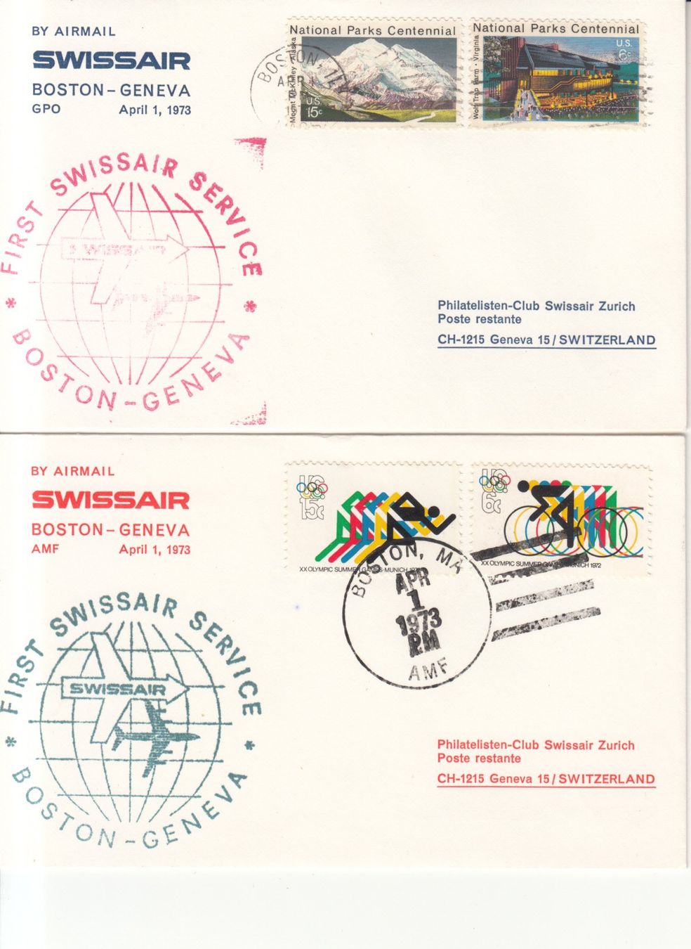 Tutti i francobolli: SLH RF 73.10 b+c  Boston-Geneva – Usato da Bürglen TG venduto da StampGraf