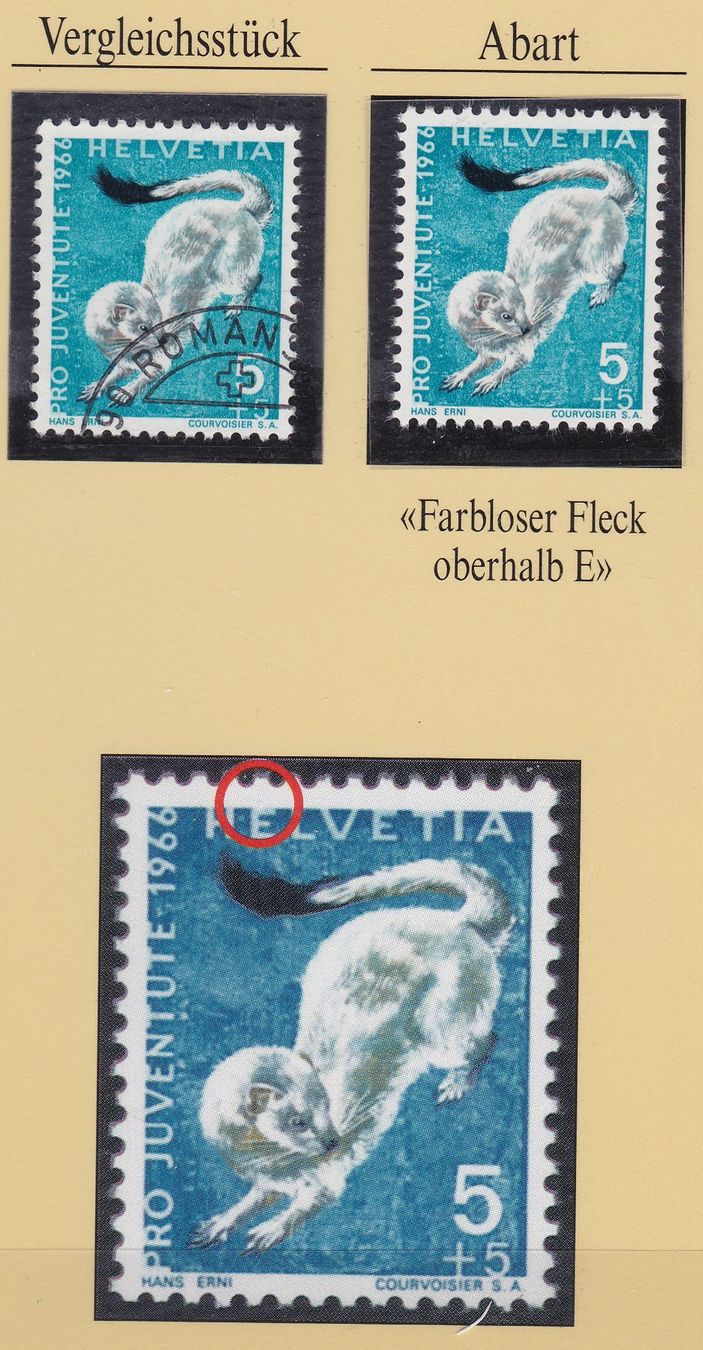 Tutti i francobolli: 1966, ABART, PJ, HERMELIN, FARBLOSER FLECK OBERHALB E – Usato da Oberrieden venduto da Gebirgsstelze