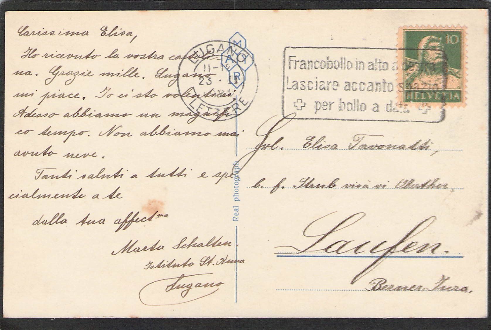 Cartoline postali: -Lugano - Quai , 1923 – Usato da Reichenburg venduto da Pipo-67 1
