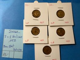SUISSE : 5 X 1 CENTIME 1933 - Bon état