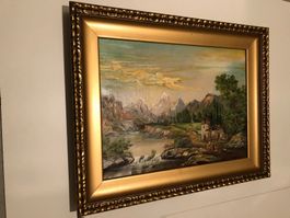 Landschaftsgemälde signiert, beschriftet Berge, Wiese, Bach