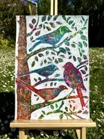 Original Gemälde: Vögel. Naive Malerei Unikat Handgemalt neu