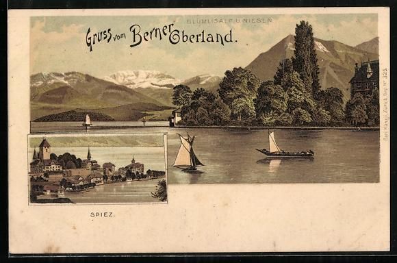 Cartoline postali: Litho Spiez, Blick zur Kirche, Uferparti – Usato da Berlin venduto da bartko-reher