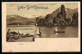 Litho Spiez, Blick zur Kirche, Uferparti