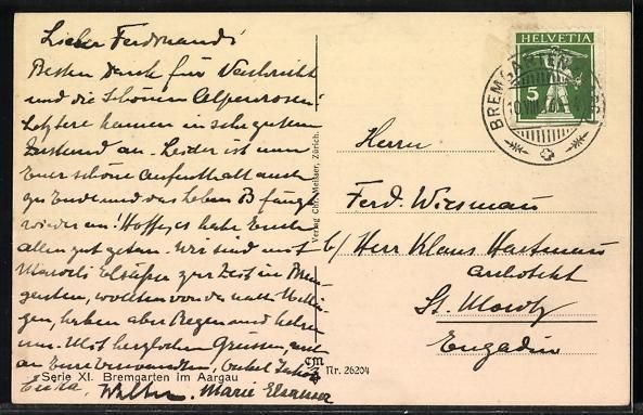Ansichtskarten: AK Bremgarten /AG, Strassenpartie, 1916 – Gebraucht aus Berlin von bartko-reher 1