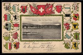 AK Genève, Quai des Eaux Vives, Passepartout mit Wappen