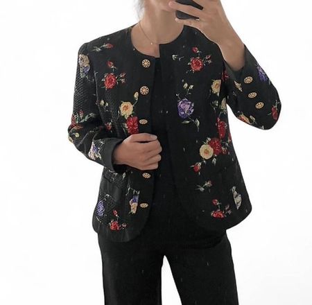 Marie Claire Blazer schwarz mit Blumenmuster Gr. M, VINTAGE