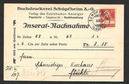 Schüpfheim illustrierte Postkarte Buchdruckerei 4.9.1928