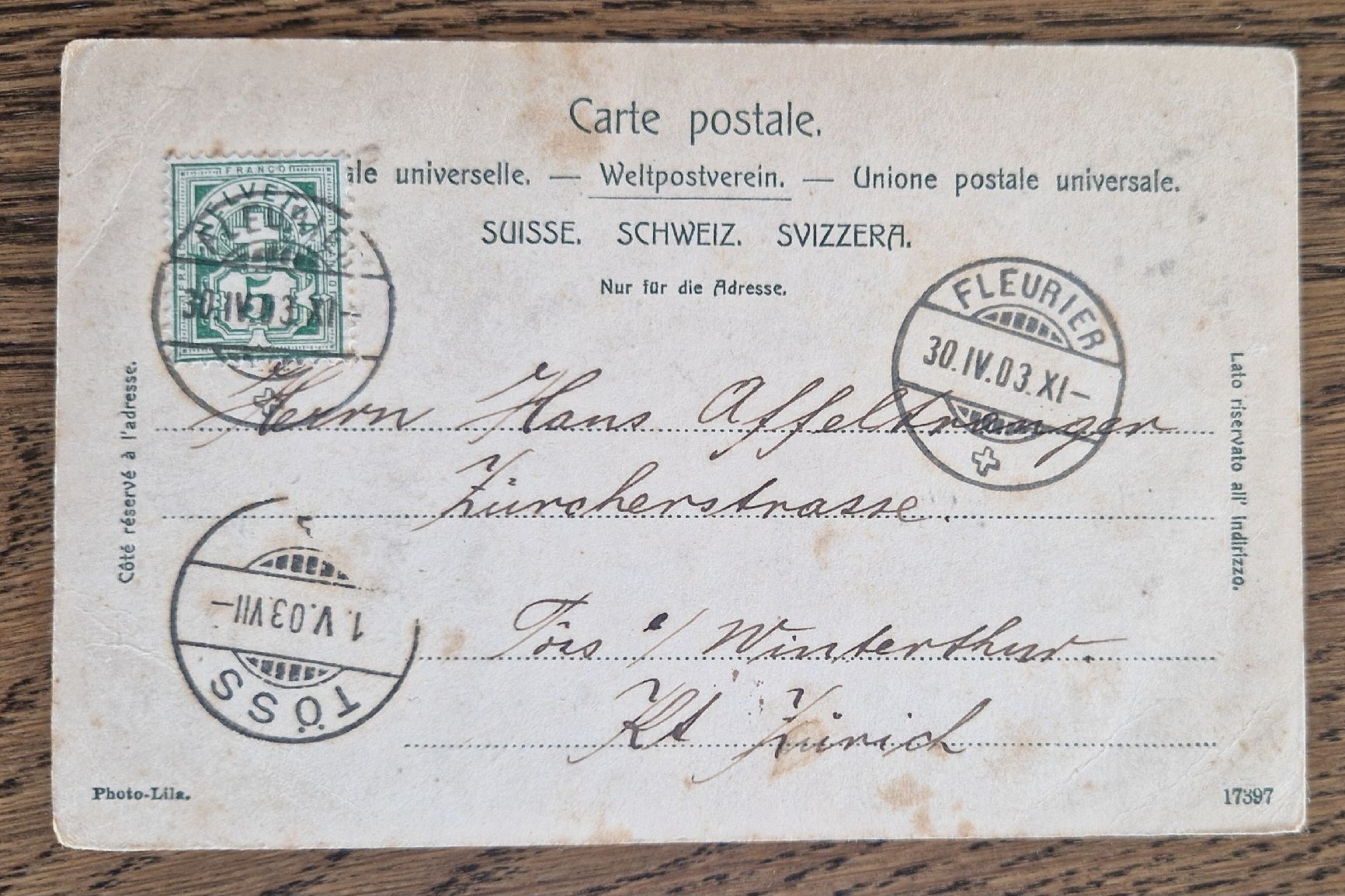 Cartoline postali: Fleurier 1903 n. Töss – Usato da Ebikon venduto da Donar50 1