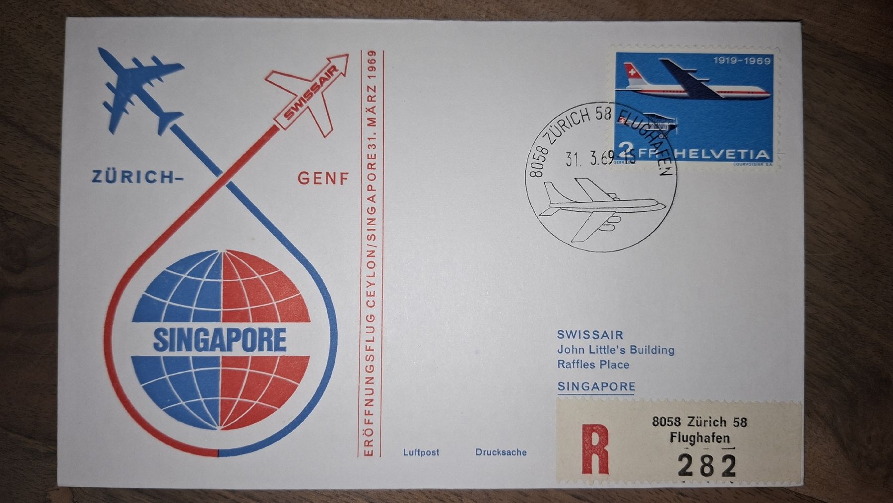 Tutti i francobolli: Swissair Ceylon - Singapore 31.03.1969 – Usato da Balgach venduto da SIMEON27