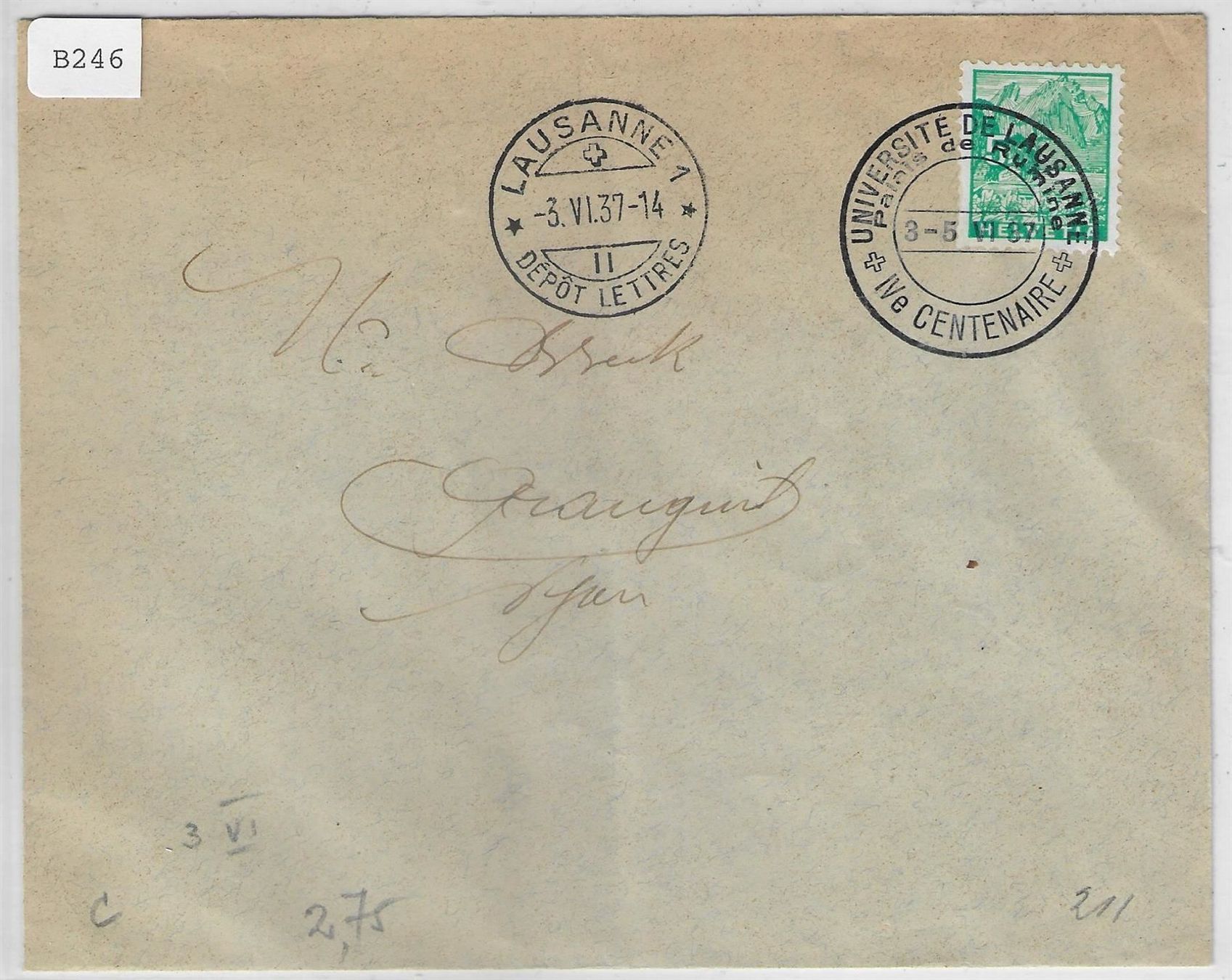 Ansichtskarten: Universite de Lausanne 3.VI.37 – Antik aus Ettingen von Kartenplanet