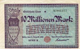 Köln 10 Mil.Mark 09.08.1923 Serie B VZ-VZ+