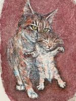 Fritz Hug, Litho, Katze mit Jungem, Signiert 1984