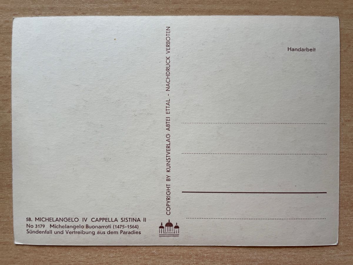 Cartoline postali: Alte AK Michelangelo, Sixtinische Kapelle, Sündenfall – Usato da Neuhausen am Rheinfall venduto da Arielle55 1