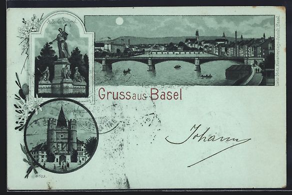 Ansichtskarten: Mondschein-Lithographie Basel, St. Jacob – Gebraucht aus Berlin von bartko-reher