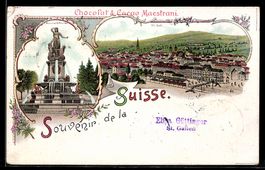 Lithographie St. Gallen, Gesamtansicht, Monumentalbrunnen