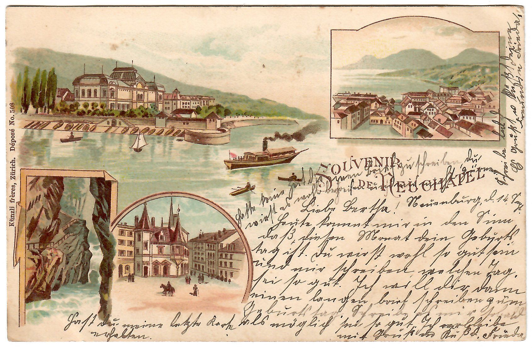 Cartoline postali: 4-Bild Lithokarte von Neuchatel – Usato da Kerns venduto da etma3