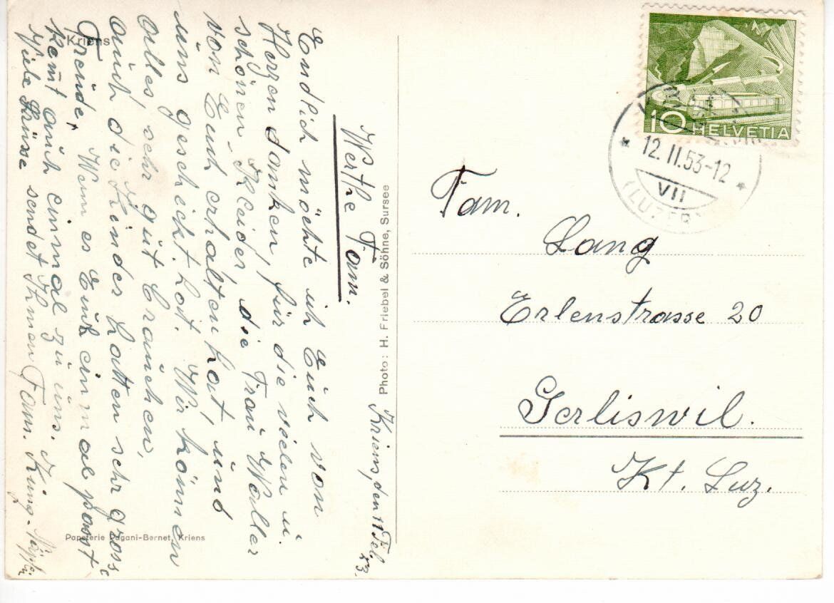 Cartoline postali: Kriens 1953 – Usato da Wolhusen venduto da Curver9 1