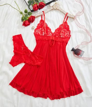 Negligee-Spitzennachthemd-String-Spitzen Slip-Rot - Grösse S