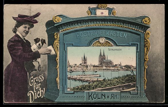 Cartes postales: Köln a. Rh., Totalansicht mit Dom, Dame – D'occasion à Berlin par bartko-reher