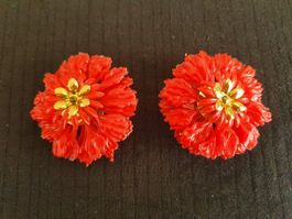 Rote Blumen Ohrclips, Clip Ohrringe, Vintage 60er/70er Jahre