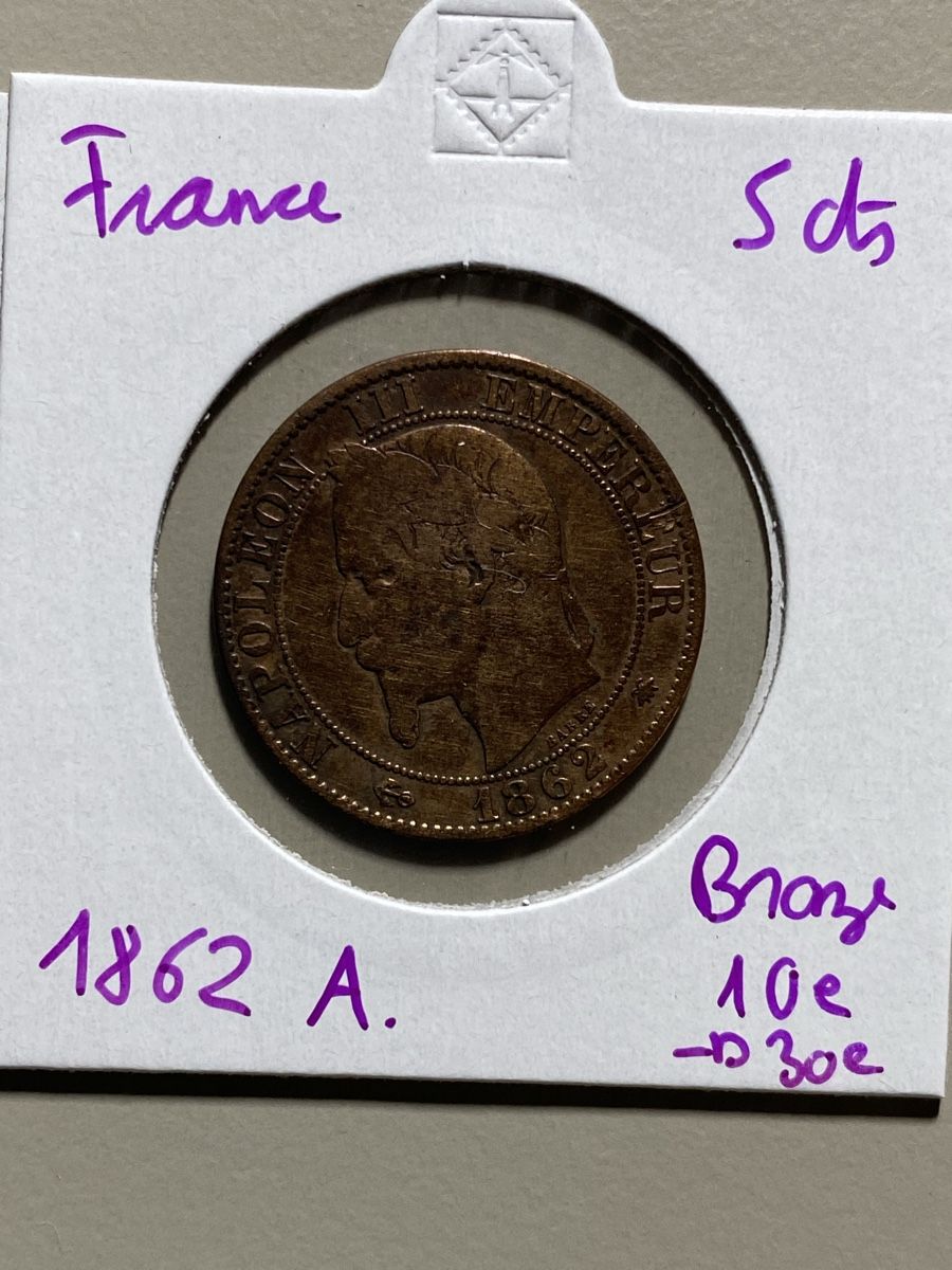 Alle Münzen: France - 5 centimes - 1862 A  – Gebraucht aus Payerne von Mike1682